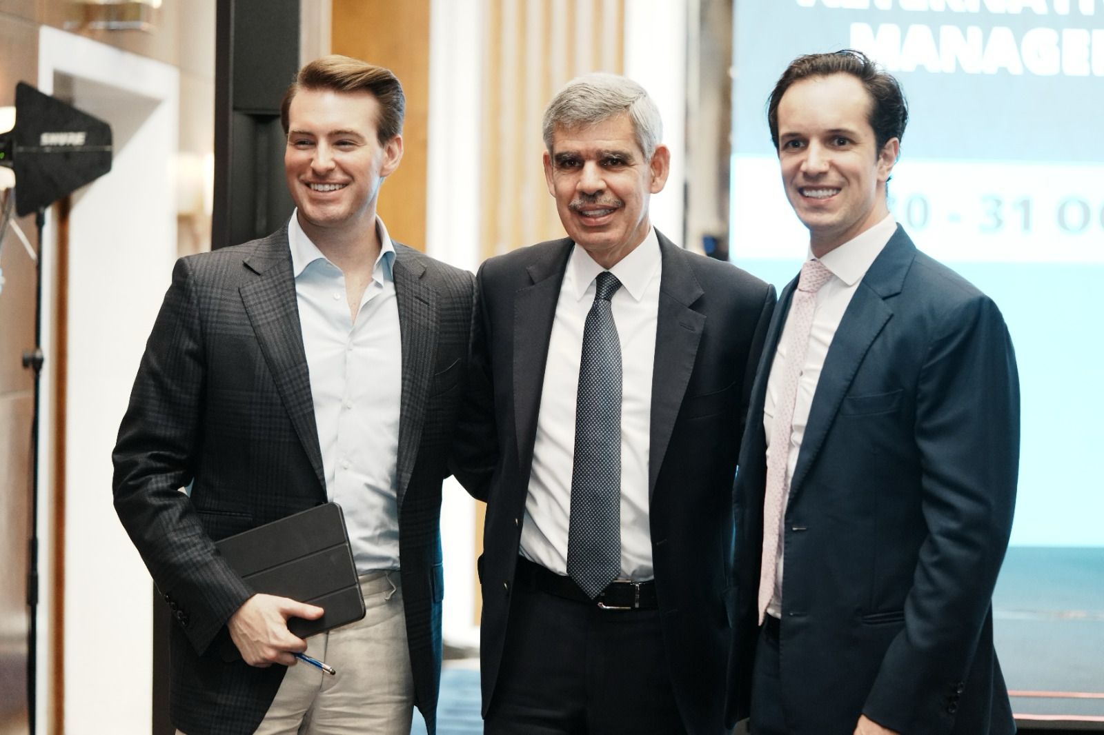 Zachary Cefaratti at AIM Summit Dubai with Dr. Mohamed El-Erian & Dan Murphy and Dan Murphy