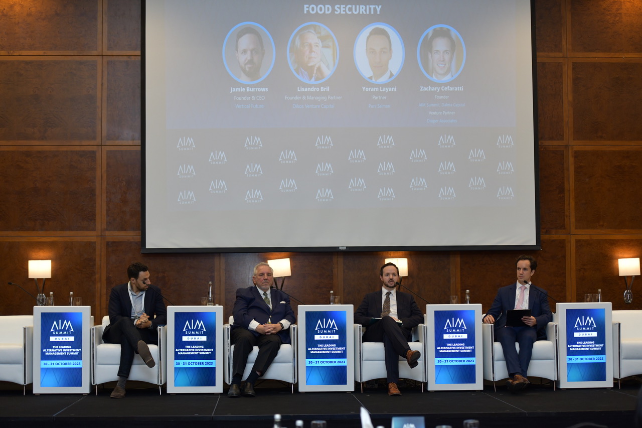 Zachary Cefaratti Food Security Panel at AIM Summit with Yoram Layani Pure Salmon Lisandro Bril Jamie Burrows Vertical Future